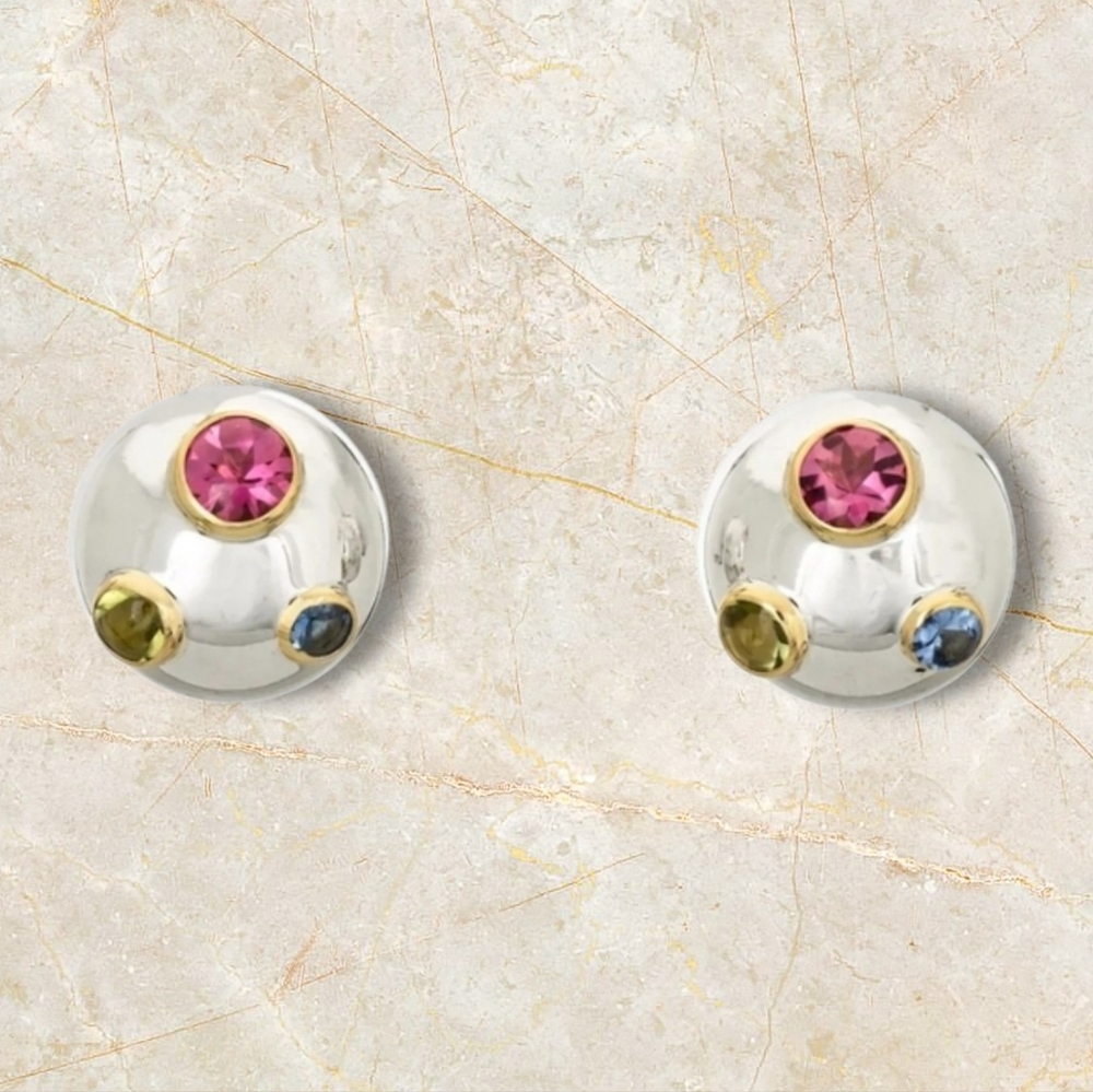 Tiffany & Co. Sterling Silver Studs with Pink, Blue and Yellow Gem Accents